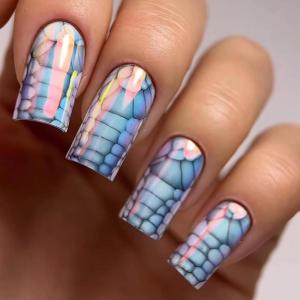 imageBABALAL Coffin Press on Nails Long French Fake Nails with Nail Glue Blue Glossy Glue on Nails 24pcs Ballerina Acrylic Nails Blue False NailsO062chrome
