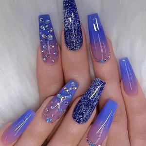 imageBABALAL Coffin Press on Nails Long French Fake Nails with Nail Glue Blue Glossy Glue on Nails 24pcs Ballerina Acrylic Nails Blue False NailsO09
