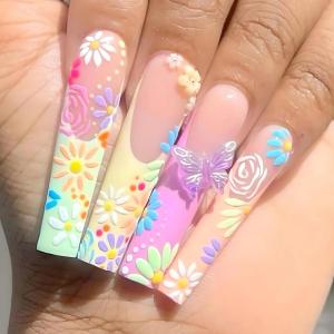 imageBABALAL Coffin Press on Nails Long French Fake Nails with Nail Glue Blue Glossy Glue on Nails 24pcs Ballerina Acrylic Nails Blue False NailsO09butterfly