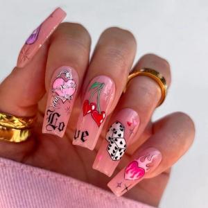 imageBABALAL Coffin Press on Nails Long French Fake Nails with Nail Glue Blue Glossy Glue on Nails 24pcs Ballerina Acrylic Nails Blue False NailsO09pink