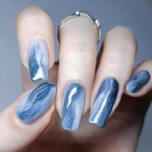 imageBABALAL Coffin Press on Nails Long French Fake Nails with Nail Glue Blue Glossy Glue on Nails 24pcs Ballerina Acrylic Nails Blue False NailsO106