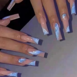imageBABALAL Coffin Press on Nails Long French Fake Nails with Nail Glue Blue Glossy Glue on Nails 24pcs Ballerina Acrylic Nails Blue False NailsO29