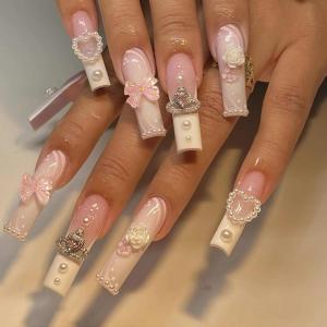 imageBABALAL French Tip Press on Nails Long Square Fake Nails Brown Cheetah Glue on Nails 3d Bow Charm Design Acrylic Nails 24Pcs Squoval Manicure False Nails for Women and Girlsfneb109