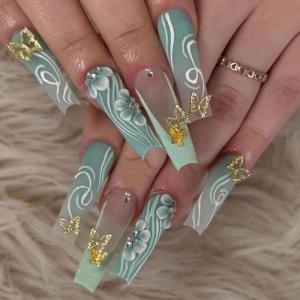 imageBABALAL French Tip Press on Nails Long Square Fake Nails Brown Cheetah Glue on Nails 3d Bow Charm Design Acrylic Nails 24Pcs Squoval Manicure False Nails for Women and Girlsfneb117green