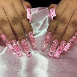 imageBABALAL French Tip Press on Nails Long Square Fake Nails Brown Cheetah Glue on Nails 3d Bow Charm Design Acrylic Nails 24Pcs Squoval Manicure False Nails for Women and Girlsfneb114
