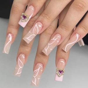 imageBABALAL French Tip Press on Nails Long Square Fake Nails Brown Cheetah Glue on Nails 3d Bow Charm Design Acrylic Nails 24Pcs Squoval Manicure False Nails for Women and Girlsfneb119