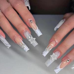 imageBABALAL French Tip Press on Nails Long Square Fake Nails Brown Cheetah Glue on Nails 3d Bow Charm Design Acrylic Nails 24Pcs Squoval Manicure False Nails for Women and Girlsfneb117