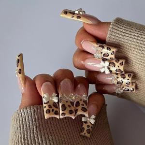 imageBABALAL French Tip Press on Nails Long Square Fake Nails Brown Cheetah Glue on Nails 3d Bow Charm Design Acrylic Nails 24Pcs Squoval Manicure False Nails for Women and Girlsfneb106