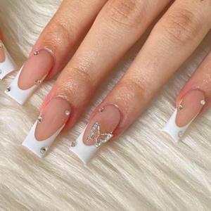 imageBABALAL French Tip Press on Nails Long Square Fake Nails Brown Cheetah Glue on Nails 3d Bow Charm Design Acrylic Nails 24Pcs Squoval Manicure False Nails for Women and Girlsfneb105