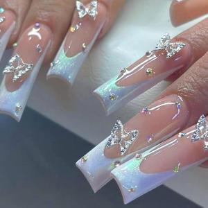 imageBABALAL French Tip Press on Nails Long Square Fake Nails Brown Cheetah Glue on Nails 3d Bow Charm Design Acrylic Nails 24Pcs Squoval Manicure False Nails for Women and Girlsfneb108