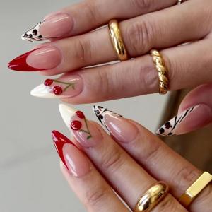 imageBABALAL Press on Nails Almond Medium Fake Nails Chrome Glue on Nails Blue Red Design Acrylic Nails 24Pcs Stiletto Stick on Nails Glossy Manicure Diy False Nails01A009