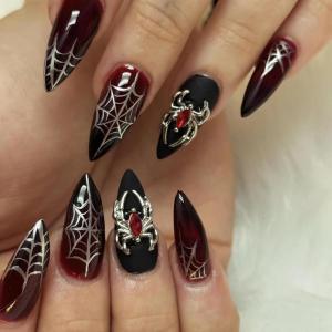 imageBABALAL Press on Nails Almond Medium Fake Nails Chrome Glue on Nails Blue Red Design Acrylic Nails 24Pcs Stiletto Stick on Nails Glossy Manicure Diy False Nails01A006