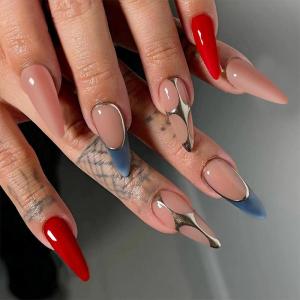 imageBABALAL Press on Nails Almond Medium Fake Nails Chrome Glue on Nails Blue Red Design Acrylic Nails 24Pcs Stiletto Stick on Nails Glossy Manicure Diy False Nails01A019