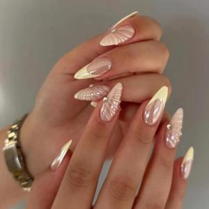 imageBABALAL Press on Nails Almond Medium Fake Nails Chrome Glue on Nails Blue Red Design Acrylic Nails 24Pcs Stiletto Stick on Nails Glossy Manicure Diy False Nails01A002