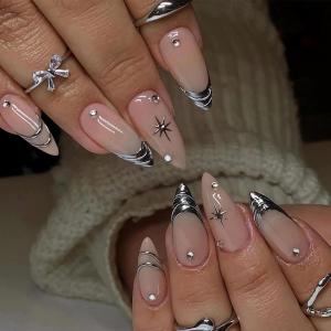 imageBABALAL Press on Nails Almond Medium Fake Nails Chrome Glue on Nails Blue Red Design Acrylic Nails 24Pcs Stiletto Stick on Nails Glossy Manicure Diy False Nails01A011