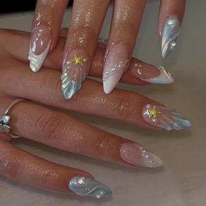 imageBABALAL Press on Nails Almond Medium Fake Nails Chrome Glue on Nails Blue Red Design Acrylic Nails 24Pcs Stiletto Stick on Nails Glossy Manicure Diy False Nails01A003