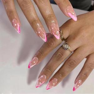 imageBABALAL Press on Nails Almond Medium Fake Nails Chrome Glue on Nails Blue Red Design Acrylic Nails 24Pcs Stiletto Stick on Nails Glossy Manicure Diy False Nails02pink