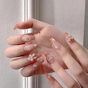 imageBABALAL Press on Nails Almond Medium Fake Nails Chrome Glue on Nails Blue Red Design Acrylic Nails 24Pcs Stiletto Stick on Nails Glossy Manicure Diy False Nails01Bow