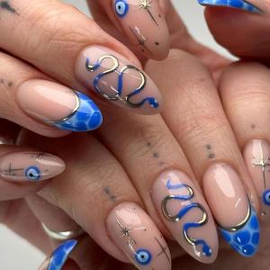 imageBABALAL Press on Nails Almond Medium Fake Nails Chrome Glue on Nails Blue Red Design Acrylic Nails 24Pcs Stiletto Stick on Nails Glossy Manicure Diy False Nails01A010