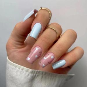imageBABALAL Rainbow Press on Nails Medium Square Fake Nails Blue French Tip Glue on Nails 24Pcs Squoval Acrylic Nails Heart Love Cute Valentines Day Stick on Nails for Women and GirlsBBFND06