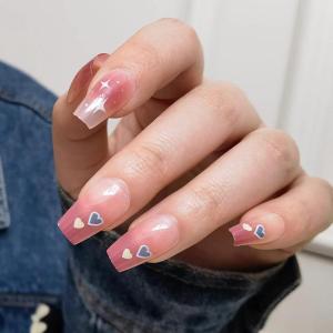 imageBABALAL Rainbow Press on Nails Medium Square Fake Nails Blue French Tip Glue on Nails 24Pcs Squoval Acrylic Nails Heart Love Cute Valentines Day Stick on Nails for Women and GirlsHearts