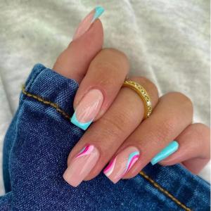 imageBABALAL Rainbow Press on Nails Medium Square Fake Nails Blue French Tip Glue on Nails 24Pcs Squoval Acrylic Nails Heart Love Cute Valentines Day Stick on Nails for Women and GirlsBBFND20french