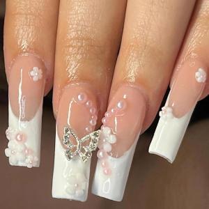 imageBABALAL Square Press on Nails Long Fake Nails Brown French Tip Glue on Nails Cheetah Design Fall Acrylic Nails 24Pcs Manicure Ombre Squoval Stick on Nails Full Cover False NailsBBFNH01butterfly