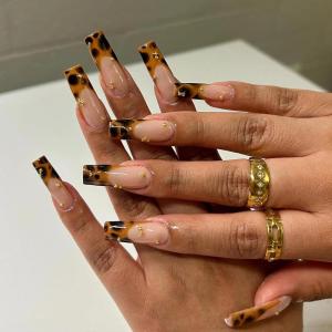 imageBABALAL Square Press on Nails Long Fake Nails Brown French Tip Glue on Nails Cheetah Design Fall Acrylic Nails 24Pcs Manicure Ombre Squoval Stick on Nails Full Cover False NailsBBFNH20brown