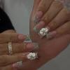 imageBABALAL Coffin Press on Nails Long Fake Nails White French Tip Glue on Nails Pink Rhinestone Acrylic Nails Flower Ballerina Spring Stick on Nails for Women and Girls 24PcsGreen