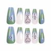 imageBABALAL Coffin Press on Nails Long Fake Nails White French Tip Glue on Nails Pink Rhinestone Acrylic Nails Flower Ballerina Spring Stick on Nails for Women and Girls 24PcsFna116green