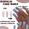 imageBABALAL Coffin Press on Nails Long Fake Nails White French Tip Glue on Nails Pink Rhinestone Acrylic Nails Flower Ballerina Spring Stick on Nails for Women and Girls 24PcsFna104blue