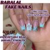 imageBABALAL Coffin Press on Nails Long Fake Nails White French Tip Glue on Nails Pink Rhinestone Acrylic Nails Flower Ballerina Spring Stick on Nails for Women and Girls 24PcsBlue