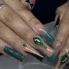 imageBABALAL Coffin Press on Nails Long Fake Nails White French Tip Glue on Nails Pink Rhinestone Acrylic Nails Flower Ballerina Spring Stick on Nails for Women and Girls 24PcsFna105green
