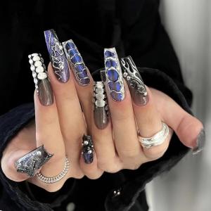 imageBABALAL Coffin Press on Nails Long Fake Nails White French Tip Glue on Nails Pink Rhinestone Acrylic Nails Flower Ballerina Spring Stick on Nails for Women and Girls 24PcsFna107goth