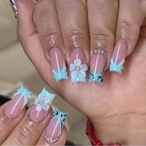 imageBABALAL Coffin Press on Nails Long Fake Nails White French Tip Glue on Nails Pink Rhinestone Acrylic Nails Flower Ballerina Spring Stick on Nails for Women and Girls 24PcsBlue