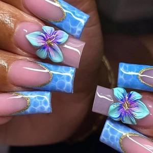 imageBABALAL Coffin Press on Nails Long Fake Nails White French Tip Glue on Nails Pink Rhinestone Acrylic Nails Flower Ballerina Spring Stick on Nails for Women and Girls 24PcsFna103blue