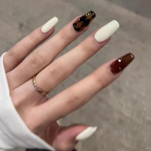 imageBABALAL Coffin Press on Nails Long Fake Nails White French Tip Glue on Nails Pink Rhinestone Acrylic Nails Flower Ballerina Spring Stick on Nails for Women and Girls 24PcsFna112brown