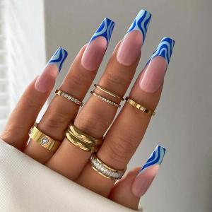 imageBABALAL Coffin Press on Nails Long Fake Nails White French Tip Glue on Nails Pink Rhinestone Acrylic Nails Flower Ballerina Spring Stick on Nails for Women and Girls 24PcsFna106blue