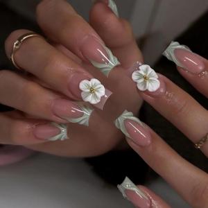 imageBABALAL Coffin Press on Nails Long Fake Nails White French Tip Glue on Nails Pink Rhinestone Acrylic Nails Flower Ballerina Spring Stick on Nails for Women and Girls 24PcsGreen