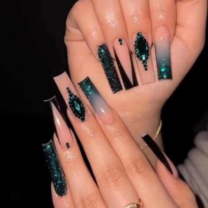 imageBABALAL Coffin Press on Nails Long Fake Nails White French Tip Glue on Nails Pink Rhinestone Acrylic Nails Flower Ballerina Spring Stick on Nails for Women and Girls 24PcsFna105green