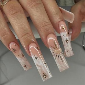 imageBABALAL Coffin Press on Nails Long Fake Nails White French Tip Glue on Nails Pink Rhinestone Acrylic Nails Flower Ballerina Spring Stick on Nails for Women and Girls 24PcsFna102cloud