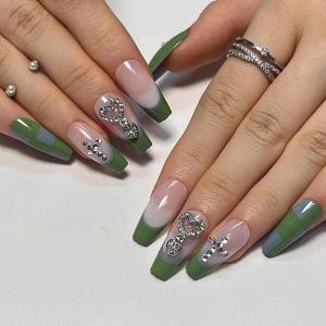 imageBABALAL Coffin Press on Nails Long Fake Nails White French Tip Glue on Nails Pink Rhinestone Acrylic Nails Flower Ballerina Spring Stick on Nails for Women and Girls 24PcsFna116green