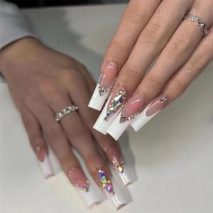 imageBABALAL Coffin Press on Nails Long Fake Nails White French Tip Glue on Nails Pink Rhinestone Acrylic Nails Flower Ballerina Spring Stick on Nails for Women and Girls 24PcsFna103white