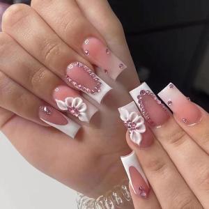 imageBABALAL Coffin Press on Nails Long Fake Nails White French Tip Glue on Nails Pink Rhinestone Acrylic Nails Flower Ballerina Spring Stick on Nails for Women and Girls 24PcsFna101white