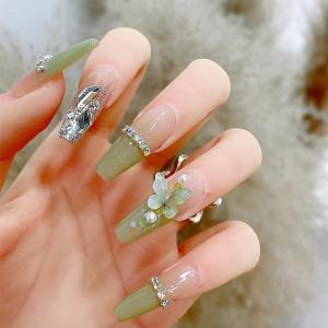 imageBABALAL Coffin Press on Nails Long Fake Nails White French Tip Glue on Nails Pink Rhinestone Acrylic Nails Flower Ballerina Spring Stick on Nails for Women and Girls 24PcsFna102green