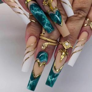 imageBABALAL Coffin Press on Nails Long Fake Nails White French Tip Glue on Nails Pink Rhinestone Acrylic Nails Flower Ballerina Spring Stick on Nails for Women and Girls 24PcsFna107green
