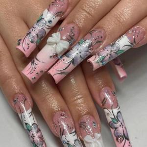 imageBABALAL Coffin Press on Nails Long Fake Nails White French Tip Glue on Nails Pink Rhinestone Acrylic Nails Flower Ballerina Spring Stick on Nails for Women and Girls 24PcsFna103pink