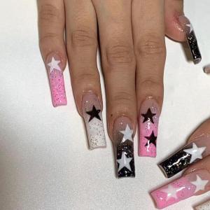 imageBABALAL Coffin Press on Nails Long Fake Nails White French Tip Glue on Nails Pink Rhinestone Acrylic Nails Flower Ballerina Spring Stick on Nails for Women and Girls 24PcsFna105star