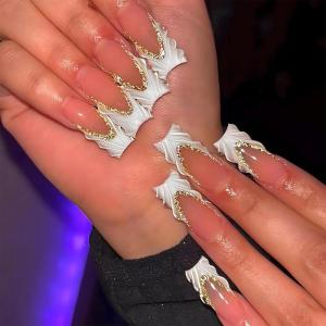 imageBABALAL Coffin Press on Nails Long Fake Nails White French Tip Glue on Nails Pink Rhinestone Acrylic Nails Flower Ballerina Spring Stick on Nails for Women and Girls 24PcsFna103dwhite