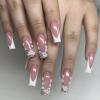 imageBABALAL Square Presson Nails  Long 3D Flower Rhinestone Acrylic 24Pcs Squoval Stickons  White Glue Manicure False Nails for Women GirlsFNP12shiny